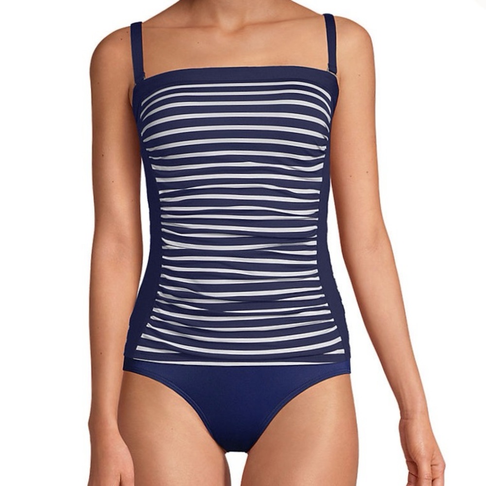 Lands' End Blue and White One Piece Swimsuit Nautical Stripes